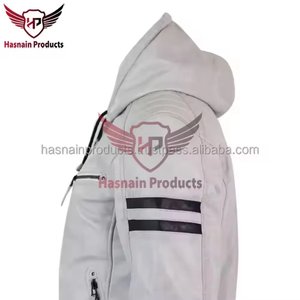 <b>Mens</b> Real <b>White</b> Leather Hooded <b>Jacket</b> Black Racing Stripe Bomber Cowhide Coat Rib Knit Trim Custom Classic Winter Warm Outwear - Product Image 2