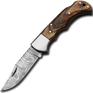 Couteau de poche damas fait main couteau de survie pliant de camping en plein air damas avec gaine en cuir et manche en bois - Product Image 1