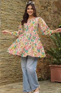 เสื้อลายดอก jaipuri หลากสีเสื้อแขนสั้นสีน้ำตาลพิมพ์ลายดอกไม้สำหรับฤดูร้อนมีกระดุมปิดผ้าทอซักได้ - Product Image 2