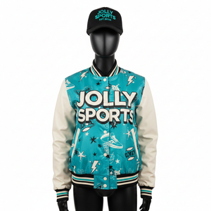 <b>Women</b> Varsity <b>Jacket</b> High Quality Polyester Fabric Teal Body White Sleeve Panels Custom <b>Heat</b> Transfer Logo <b>Women</b> Varsity <b>Jackets</b> - Product Image 6