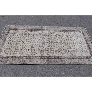 พรมตุรกีขนาด 3.4x6.7 ฟุต, พรมวินเทจลายตารางสีน้ำตาลเทา - Product Image 3