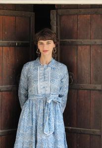 Bloque azul impreso MIDI algodón camiseta estilo Manga completa abullonada cubierta modesto vestido de camiseta - Product Image 4