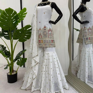 Mariage ethnique indien Kurti Sharara Dupatta Salwar Costume Robe de fête en coton et soie avec broderie fantaisie de créateur. - Product Image 1