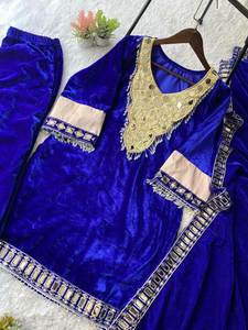 Achetez maintenant le meilleur tissu en fausse fourrure à broder soi-même, magnifique design de col, ensemble Kurti et pantalon fantaisie pour les fêtes, vêtements pour femmes et filles - Product Image 6