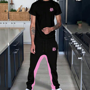 Bas évasé en polyester avec insert latéral rose et t-shirt avec logo personnalisé comprenant un cordon de serrage à la taille vêtements de rue décontractés - Product Image 3