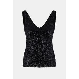 Blusa Casual de Otoño-Primavera, Negra, con Lentejuelas, Cuello en V, Logotipo Bordado en la Parte Delantera, Asimétrica, Disponible en Tallas XL y L, Tejido de Seda, Pana, Corta - Product Image 6