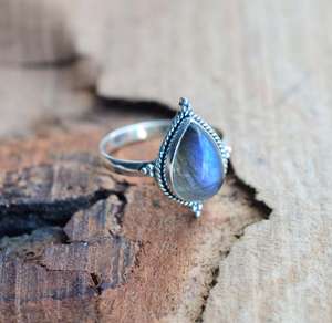 Anillo de Plata de Ley 925 con Labradorita y Piedra Lunar Negra en Forma de Pera, Joyería de Piedras Preciosas Hecha a Mano, Regalo para Mujer - Product Image 6