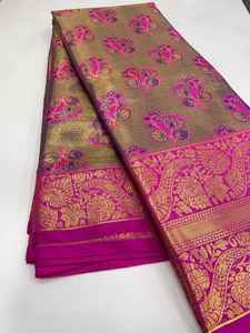 Tissu en soie Kanjivaram pur, tissage lourd Mina, sari pour femmes, or doux, zari riche, pallu tissé, fabriqué en Inde - Product Image 2