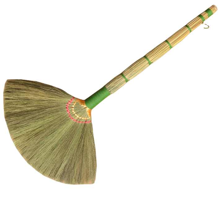 Asian Natural Grass Broom Whisk Broom Handmade Bamboo Stick Handle Size 40 Inch