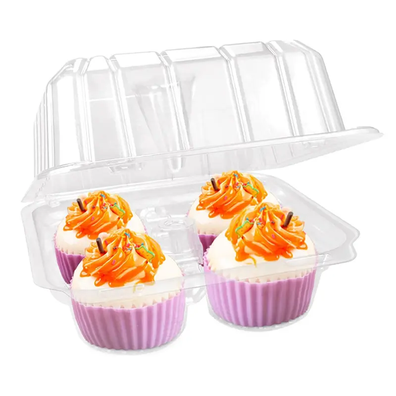 Benutzer definierte Clam shell Tray 4-Fach Muffin behälter Kunststoff Cupcake Träger halter mit tiefer Kuppel