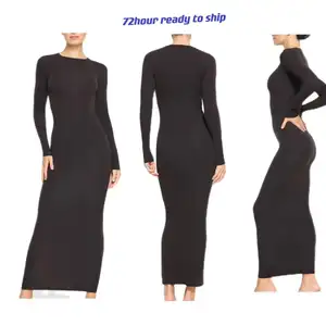 72 hours ready to ship products cotton spandex ribbed long sleeves crew neck extra long lounge maxi dress women 2024 Spring