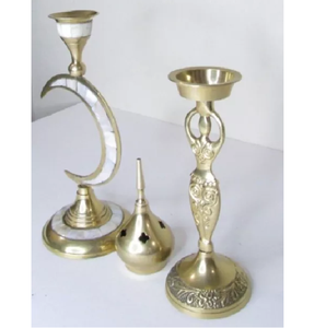 Pair of Vintage Brass Candle Holders With Mother of Pearl Inlay Home Decor Tabletop Accessories - Product Image 3