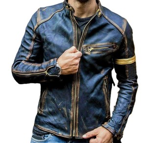 แจ็กเก็ตหนังผ้าใบสำหรับนักขี่จักรยานแนววินเทจของผู้ชายหนังแท้100% เป็นมิตรกับสิ่งแวดล้อมสีทองปกคอตั้ง - Product Image 6