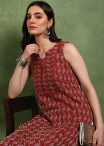 Kurti court en coton cambric à imprimé géométrique marron pour femmes, avec col en V et design sans manches, style longueur genou. - Product Image 5