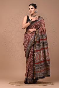Sari en soie Maheshwari pure imprimé à la main avec pièce de blouse – Élégant soie Maheshwari pure – Vêtement ethnique imprimé à la main - Product Image 4