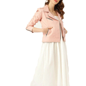 Veste de motard en cuir véritable rose pour femme, style américain personnalisé, fermeture éclair asymétrique, coupe ajustée, design moto, imperméable et respirante - Product Image 3
