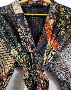 Pardessus de bain en soie patchwork multicolore Kantha pour femmes imprimé floral col en V fermeture à cordon respirant Style quotidien Kimono gratuit - Product Image 5
