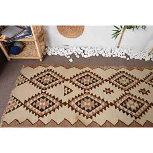 2.8x8.3 ft Vintage <b>Rug</b>, Turkish <b>Runner</b> <b>Rug</b>, Beige Brown Check Wool <b>Rug</b> - Product Image 5