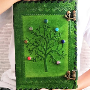 <b>Large</b> 7-<b>Stone</b> Tree Leather Journal Spiral Bound and Saddle Stitched Grimoire Notebook with Lock - Product Image 1