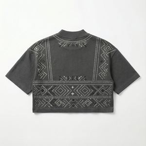 Camiseta Corta de Mujer, 100% Algodón, con Apliques de Pedrería Termoadhesiva, Estampado 3D, Estilo Y2K, Ropa Urbana, Verano, Hombros Descubiertos, Cuello Alto, Holgada - Product Image 2