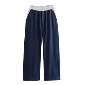 Pantalon long décontracté pour femme, couleur gris bleu, taille élastique, design patchwork, longueur totale - Product Image 6