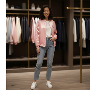 Blouson Bomber Varsity en Satin Teint Uni Brodé Personnalisé avec Fermeture Éclair sur le Devant pour Femme Grande Taille - Product Image 1