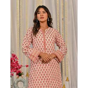 Ensemble Kurta et pantalon en coton imprimé à blocs blancs et rouges pour un usage quotidien - Product Image 1