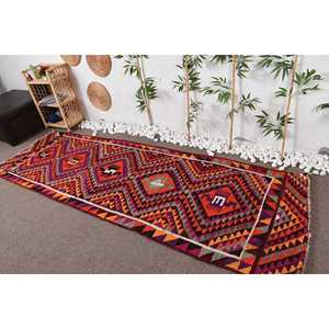 Vintage Turkish Herki <b>Rug</b> 3.2x9.9 ft, Orange <b>Runner</b> Check Wool <b>Rug</b> - Product Image 2