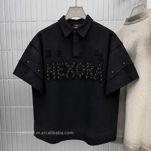 Polo Masculino à manches courtes en tricot côtelé épais 350 grammes, style vintage déchiré, coupe ample XXL, broderie personnalisée OEM - Product Image 1