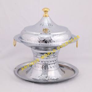 Luxury Silver Etched Handmade Durable Pedestal Hot Pot Set <b>Tray</b> Insulated <b>Food</b> <b>Warmer</b> Stainless Steel Interior Premium Buffet - Product Image 1