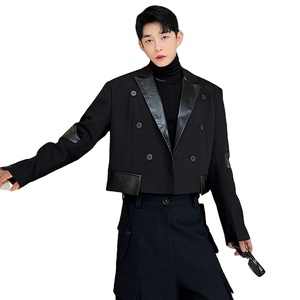 Abrigo elegante de Moda de Primavera para hombre, chaqueta de contraste de Color empalmado de lona de PU de piel de oveja corta Original - Product Image 2