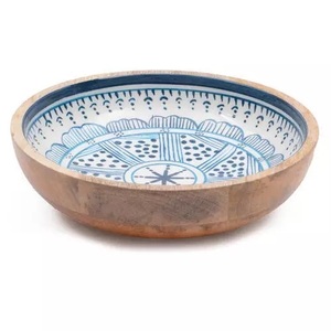 High Quality Latest Design Handmade Wooden Enamel Bowl Mango wood <b>large</b> round salad serving bowl with floral enamel pattern - Product Image 1