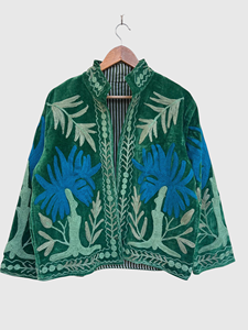 Hand Embroidered Quilted Velvet Jacket Mandarin Collar Full Sleeve Plus Size Adult Floral Pattern Blouson Style Spring Cotton - Product Image 4