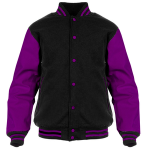 Custom American Letterman <b>Jacket</b> Black Wool Body <b>Purple</b> Leather Sleeves CollegeBaseballjacket for men - Product Image 1