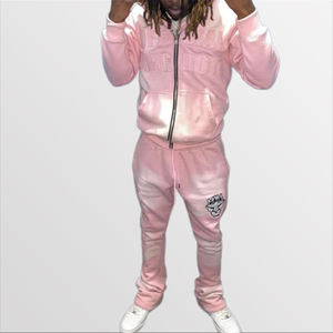 Ensemble de survêtement 2 pièces pour homme en coton, style streetwear imprimé hiver, broderie vieillie, ourlet brut, coupe évasée, sweat à capuche et pantalon de jogging - Product Image 1