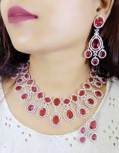 ชุดสร้อยคอเพชรแบบอเมริกันที่หรูหราออกใหม่พร้อมหินสีแดงสำหรับผู้หญิงชุดเครื่องประดับสำหรับงานแต่งงานงานเลี้ยง - Product Image 1