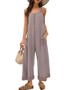 Combinaison sans manches taille haute en lin et coton pour femme, couleur unie, coupe ample, pantalon décontracté à jambes larges, respirante, pour le printemps et l'été - Product Image 1