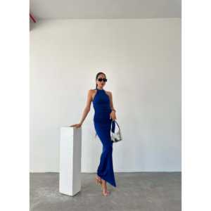 เดรสผ้าซาตินทรงเข้ารูป คอแบบผูกเชือก ด้านหลังมีเชือกผูก แต่งระบายช่วงเอว สีแซนดี้ - Product Image 1