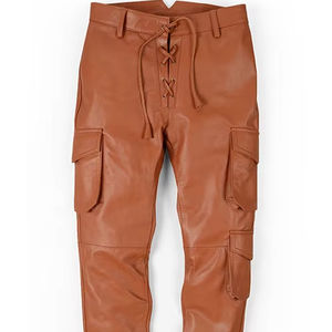 กางเกงหนังเอวกลางลำลองสำหรับผู้ชายกางเกงน้ำหนักเบาตรงลายสีเข้มมีบริการ OEM - Product Image 1