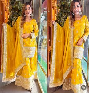 Broderie lourde séquence travail fantaisie Design femmes ensemble Chinon soie lourde séquence broderie travail haut et Sharara Dupatta - Product Image 3