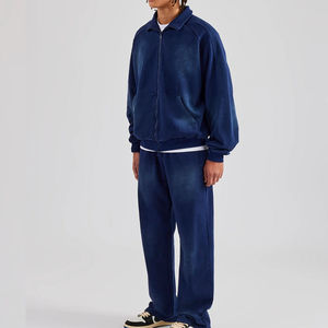 Ensemble survêtement pour homme en coton 100% avec impression en relief lourde, fermeture éclair et pantalon de jogging évasé, lavage à l'acide - Product Image 2