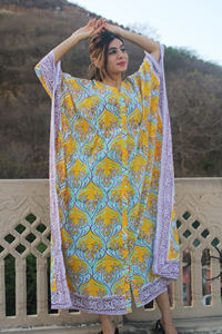 Eco-friendly 100% Indian Cotton Kaftan <b>Dress</b> Comfortable Floral Hand Block Printed Midi-Length <b>Lounge</b> Wear Casual <b>Dresses</b> - Product Image 6