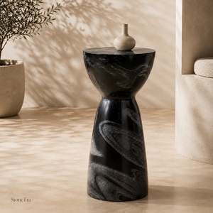 Natural <b>Black</b> Marble Hourglass <b>Side</b> <b>Table</b> Polished <b>Round</b> Accent Stool for Hotel Living Room Decor - Product Image 4