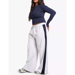 <b>Women's</b> High Waist Wide Leg Pants Solid Color Side <b>Stripe</b> Drawstring Closure Casual Loose Fit Full Length Knitted Cotton <b>Trouser</b> - Product Image 2