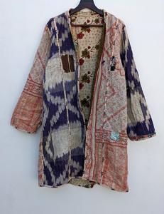 100% coton Kantha réversible veste manteau fait à la main imprimé fleuri veste ouverte avec broderie matelassée tissé-veste traitée - Product Image 6