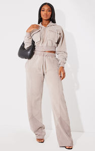 Latest Design Taupe Drop Shoulder Women Washed Cargo <b>Cropped</b> Hoodie Anti-Wrinkle And Breathable Hoodies Women <b>Zip</b> <b>Up</b> Hoodie - Product Image 2