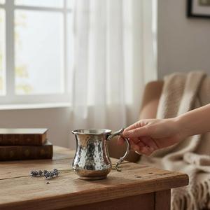 Carafe vintage à pieds en cuivre avec tasse à babeurre - Product Image 1