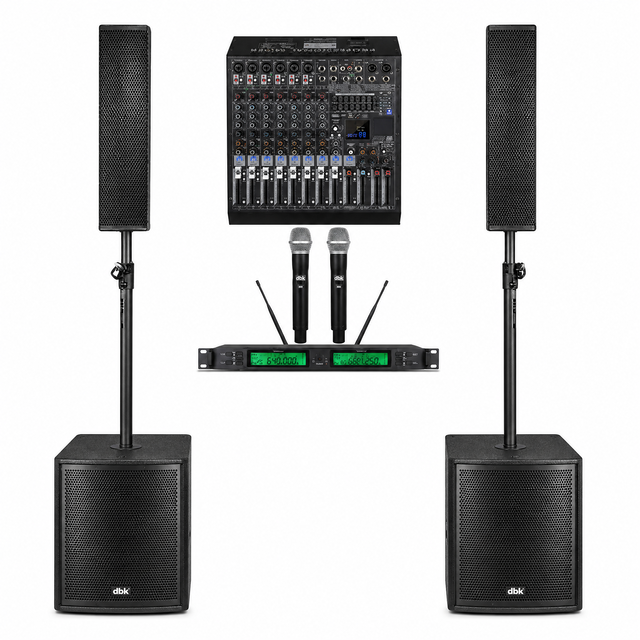 DBK 4x4 Inch Column Array Speaker Set with 15 Inch Powered Subwoofer and Amplifier Active PA System for Event Club Party