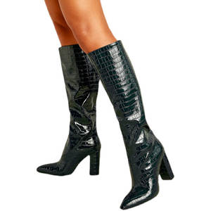 Bottines en cuir verni solide à fermeture éclair, hauteur genou, à bout pointu et talon épais - Product Image 6