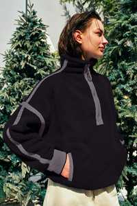 <b>Women</b> Sherpa Fleece Hooded <b>Quarter</b> <b>Zip</b> Sweatshirt Soft Warm Pullover Long Sleeve Contrast Trim Cozy Casual Top Comfy Autumn Wear - Product Image 3